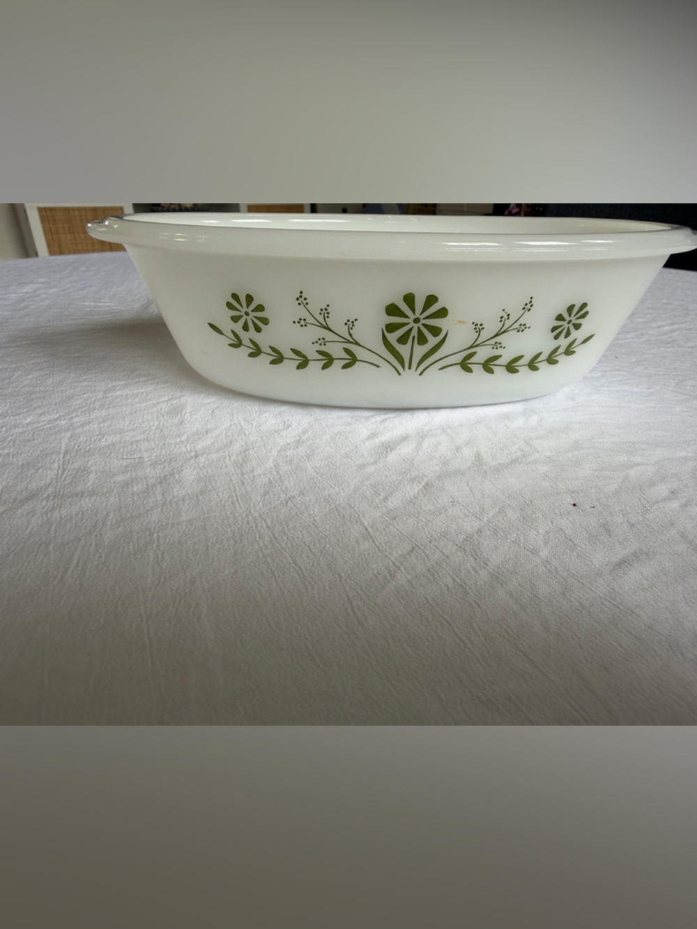 GlassBake White Glass Casserole Dish with Green Floral Pattern